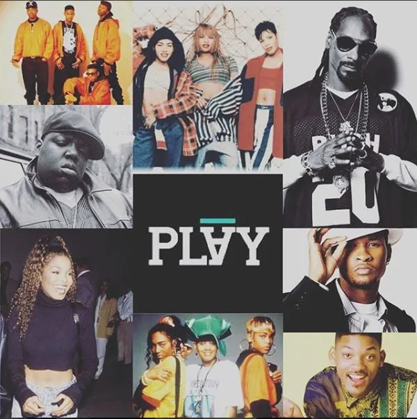 Back to the 90s collage flyer for Play with a grid of 90s artists
