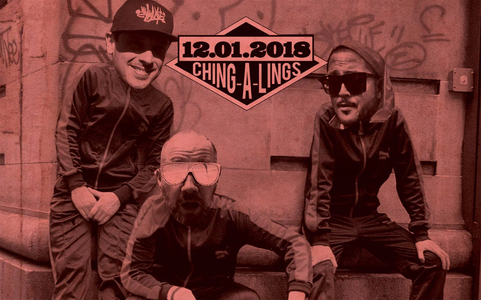 Wide banner variant of the Solid Gold Hits flyer for Friday 12 January 2018 at Ching-a-Lings, Darlinghurst, DJs CMAN, D-COW and Benny Hinn, three figures in black tracksuits against a graffitied wall under a 12.01.2018 diamond badge