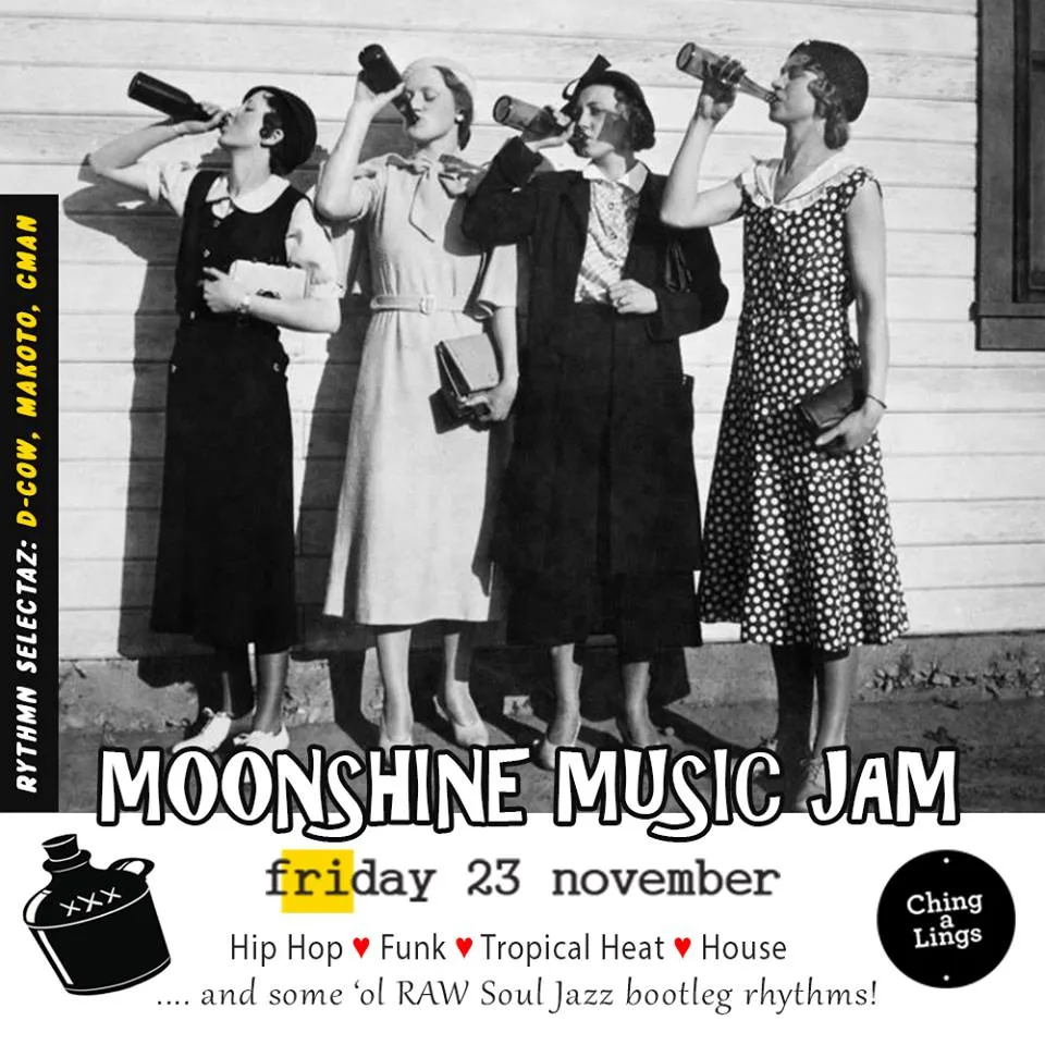 Moonshine Music Jam flyer for Friday 23 November at Ching-a-Lings with D-Cow, Makoto and CMAN
