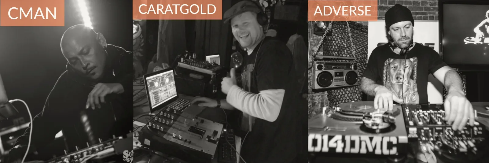 Tiles for the DJ line-up showing CMAN, Caratgold and Adverse