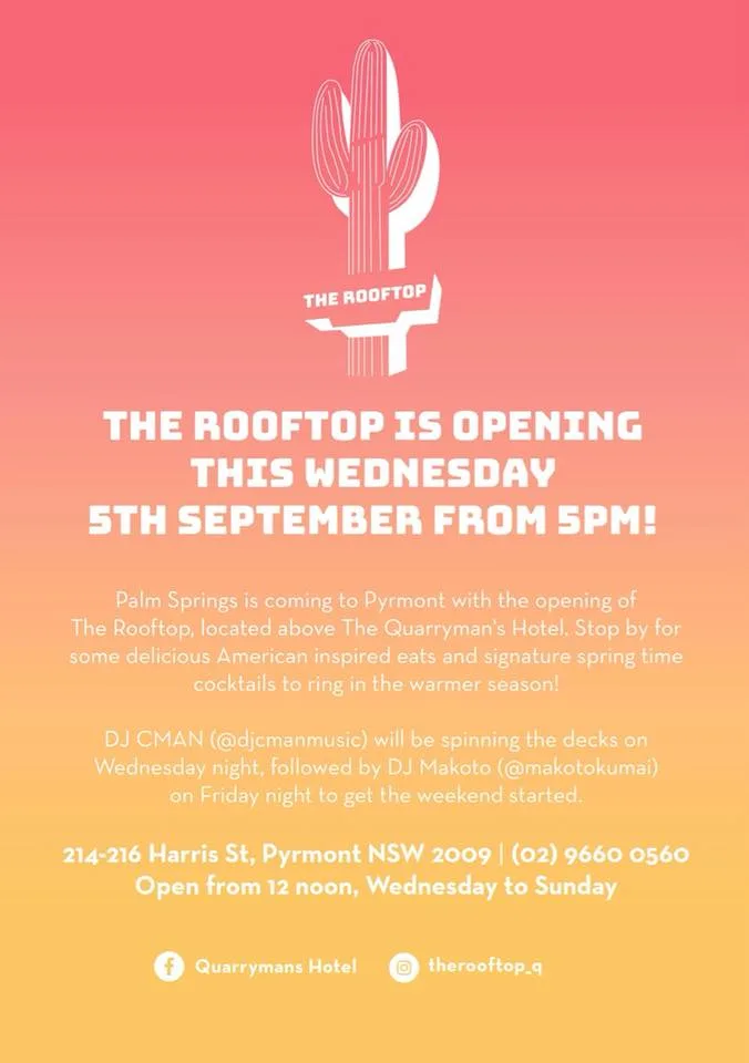 The Rooftop Q opening announcement for Wednesday 5 September from 5pm in Pyrmont