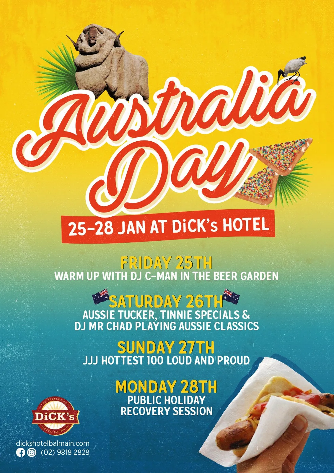 Australia Day long weekend flyer for Dick's Hotel, 25 to 28 January, with DJ C-Man warming up in the beer garden