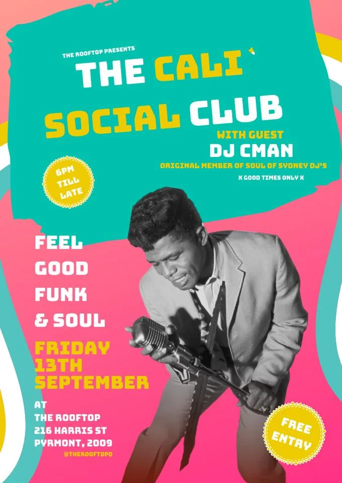 The Cali Social Club flyer for Friday 13 September at the Rooftop Q, Pyrmont, with guest DJ CMAN