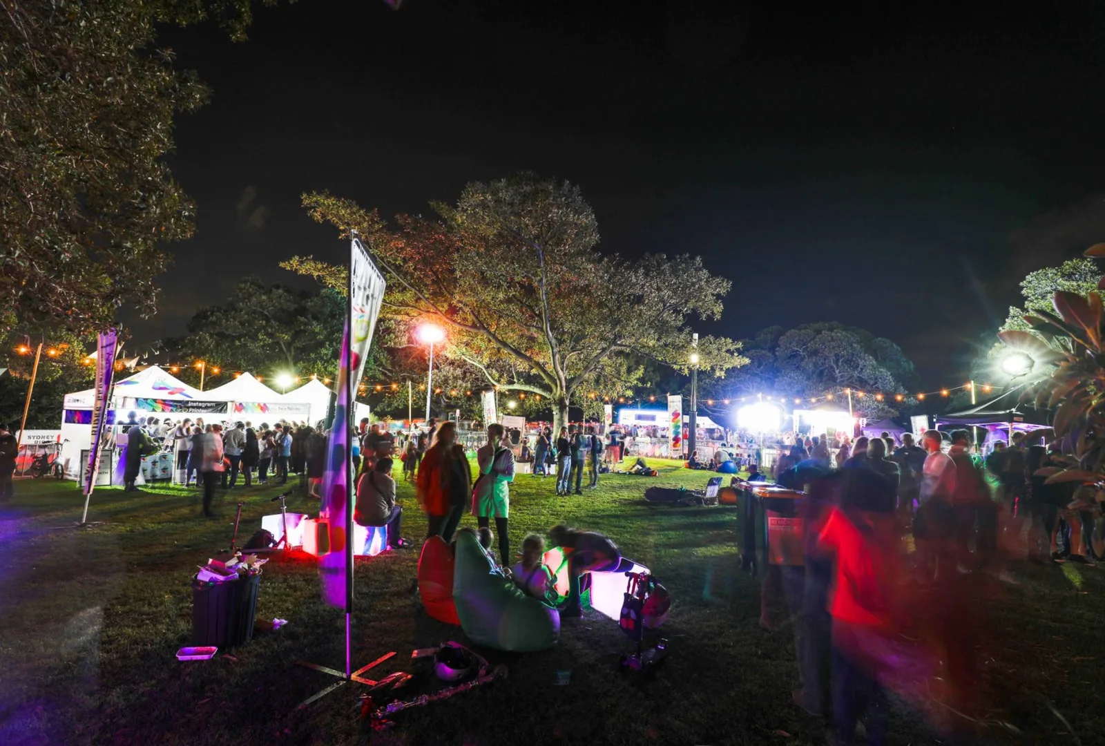 A festival crowd spread across the grass at night