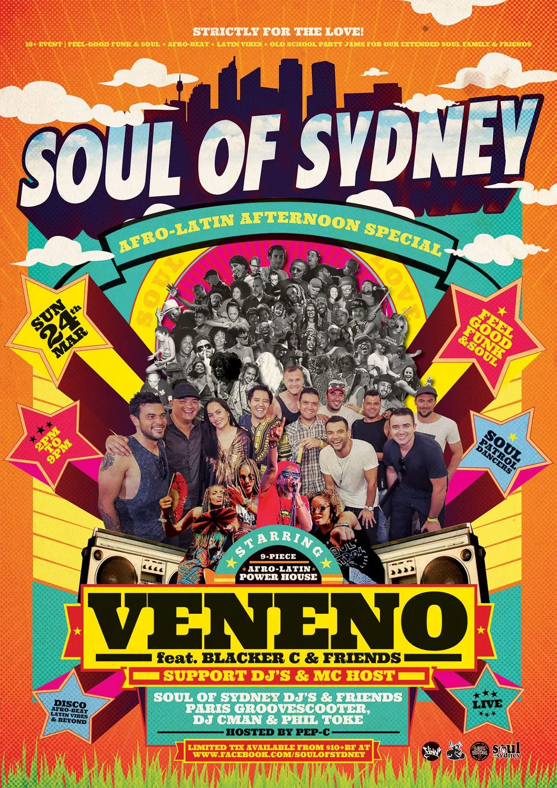 Soul of Sydney afro-latin afternoon special flyer featuring Veneno, a nine piece afro latin soul band