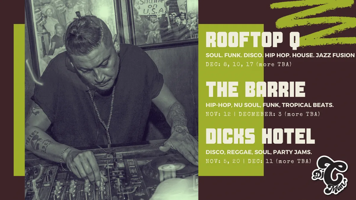 A gigs tile listing the Rooftop Q, the Barrie and Dicks Hotel
