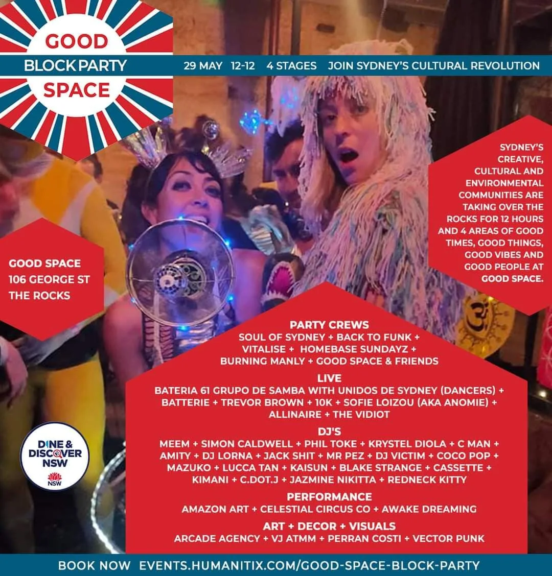 Good Space block party flyer for 29 May at 106 George Street, the Rocks, four stages with Soul of Sydney and Back to Funk