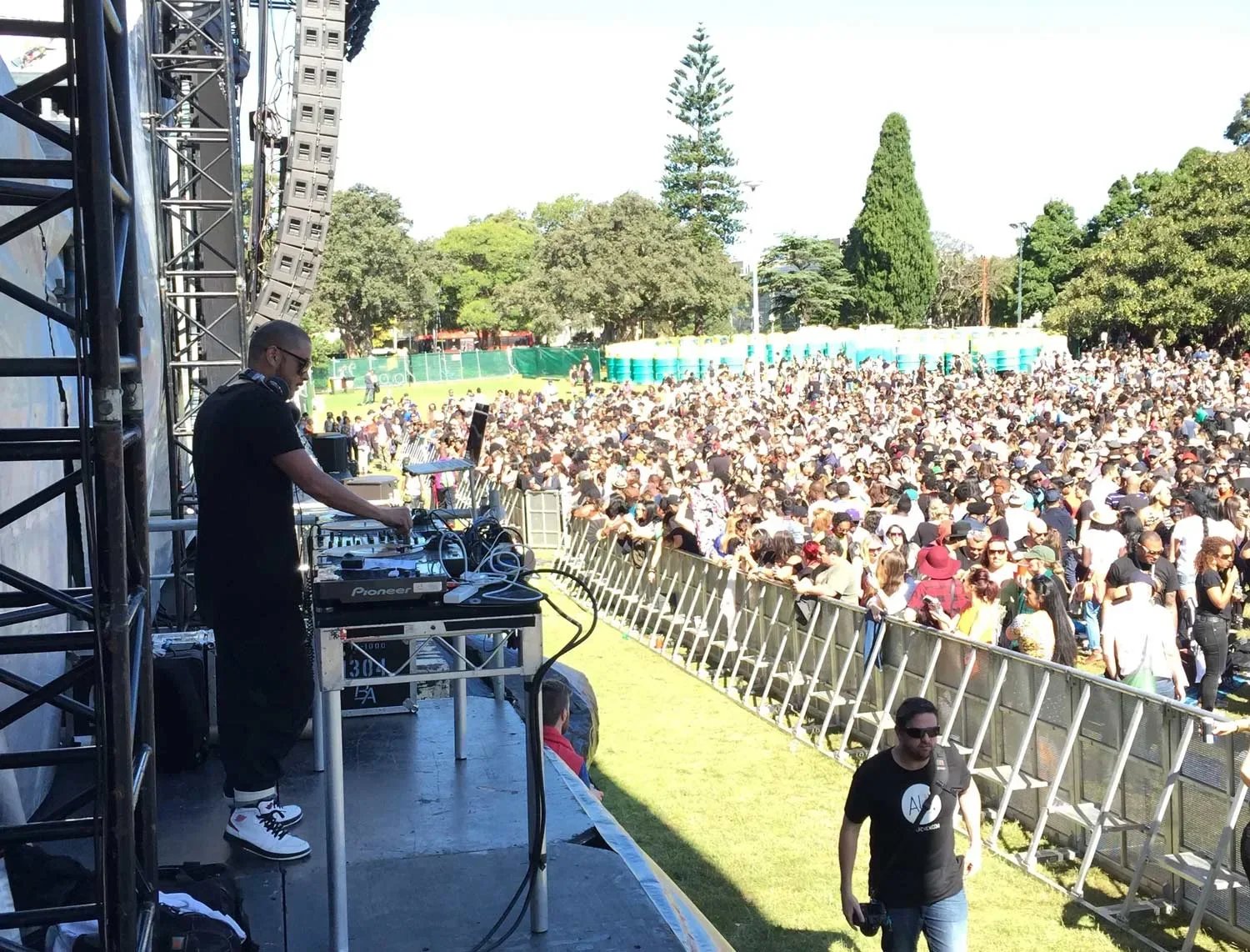 DJ CMAN working the decks on stage at Soulfest