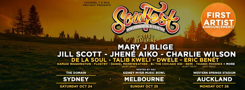 Facebook cover banner for the Soulfest 2015 first artist announcement, Saturday 24 October 2015 at The Domain, Sydney, featuring Mary J Blige, Jill Scott, Jhene Aiko, Charlie Wilson, De La Soul, Talib Kweli, Dwele and Eric Benet, wide sunset-field art with the Soulfest script logo and dates for Sydney, Melbourne and Auckland
