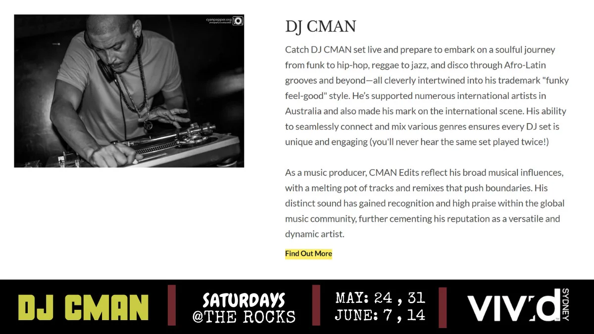 Banner for DJ CMAN Vivid Sydney shows at The Rocks 2025