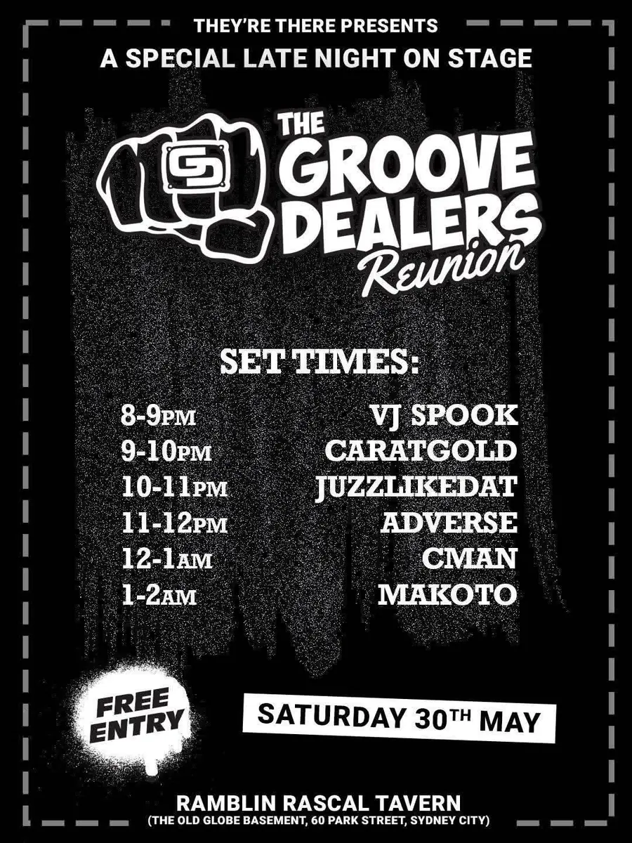 The Groove Dealers Reunion set times flyer - Ramblin' Rascal Tavern, The Old Globe Basement, 60 Park Street Sydney, Saturday 30 May 2026, free entry
